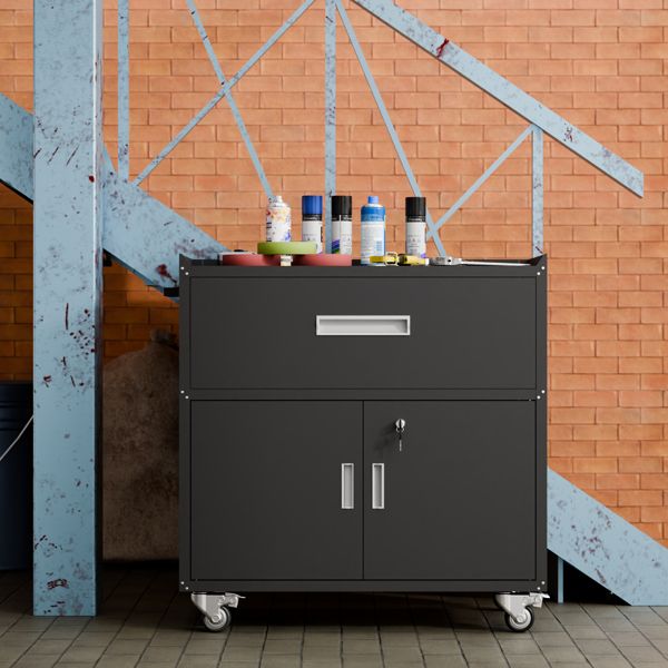 The steel tool cabinet has drawers on top and an open cabinet on the bottom It can be wheeled with wheels(BLACK)