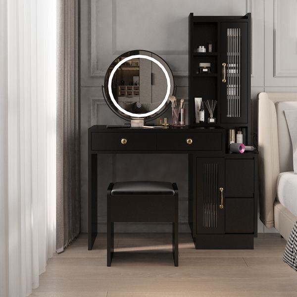 Modern Makeup Vanity Table Set with Side Cabinet and LED Mirror, Retractable Dressing Table with Power Outlets, 3 Light Colors