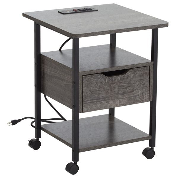 Side Table with Charging Station and Wheels, Rolling End Table with 2 USB Ports and 2 Outlets and Power Switch, Nightstand with Storage Shelves and Drawer for Small Space, Grey