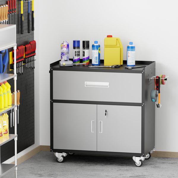 The steel tool cabinet has drawers on top and an open cabinet on the bottom It can be wheeled with wheels(Black and grey)