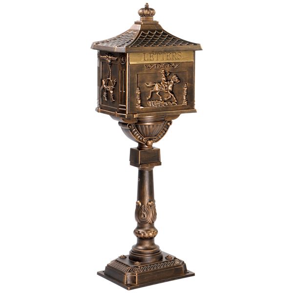 Cast Aluminum Mailbox with Post, Heavy Duty Postal Box with 2 Keys, Baffle Door, Expansion Bolts, Address Panel, In-Ground Large Security Mailbox for Outside, Antique Bronze