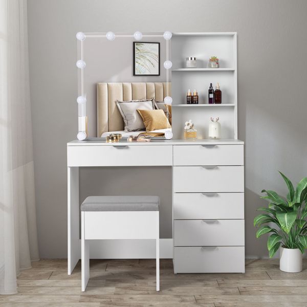 FCH Particleboard Triamine Veneer 6 Pumps 2 Shelves Mirror Cabinet 3 Tone Light Bulbs Dressing Table Set White