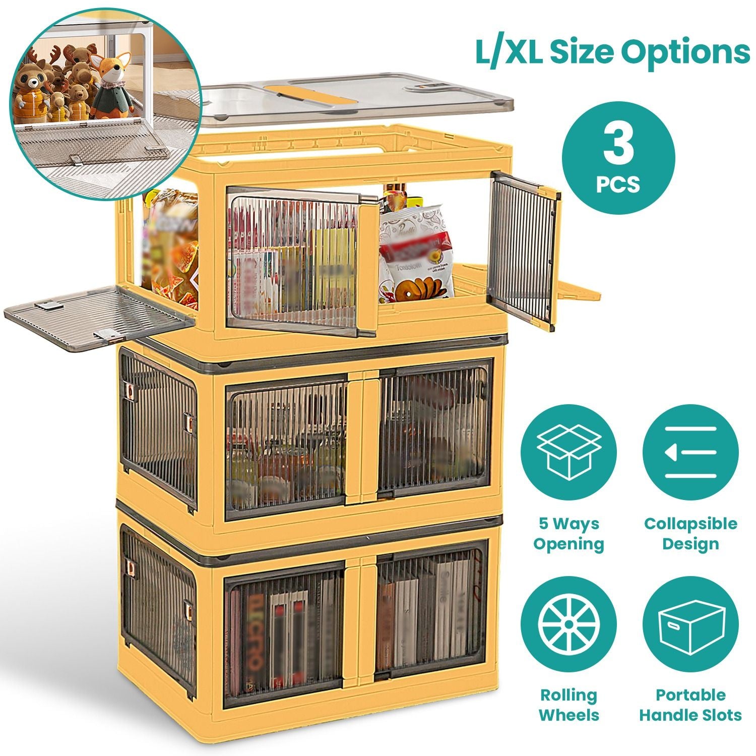 3Pcs Foldable Storage Bins with Lid 4 Doors Collapsible Stackable Closet Organizer Containers with Lock 4Pcs Wheels