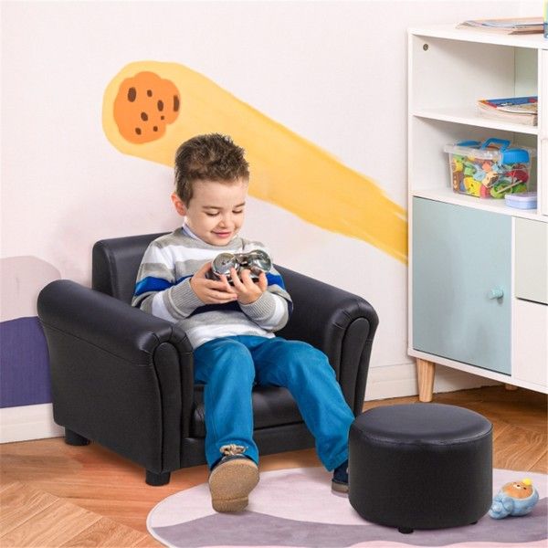 Kids Sofa Set with Footstool-Black