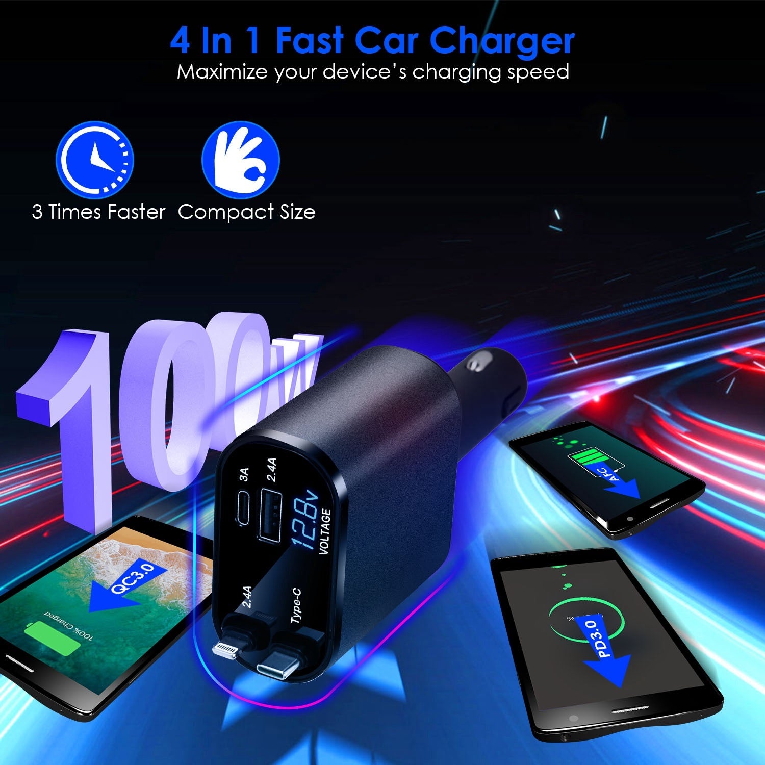 100W 4 In 1 Fast Car Charger USB C Car Charger 180ºAdjustable Car Phone Charger