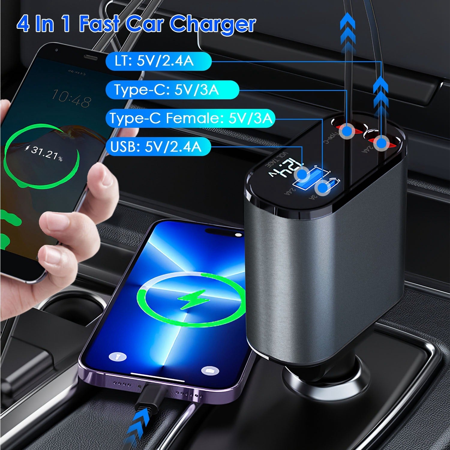 100W 4 In 1 Fast Car Charger USB C Car Charger 180ºAdjustable Car Phone Charger