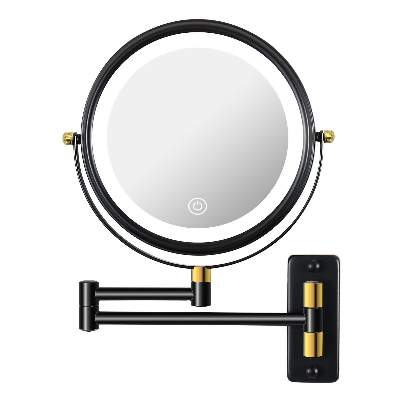 8.6" Wall Mounted Makeup Mirror with LED Lights, Double Sided 1X/10X Magnifying Mirror, 360° Swivel Bathroom Vanity Mirror with Extension Arm, Built-in Battery, Black + Gold