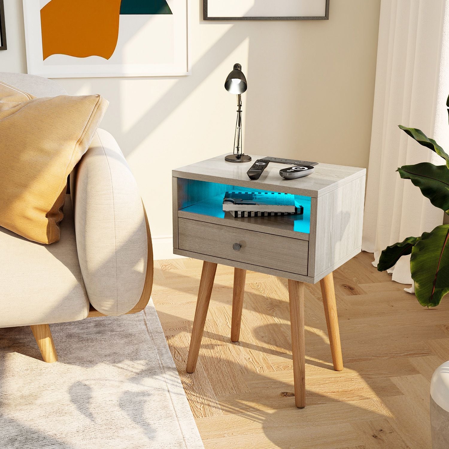 Nightstands with Charging Station, 2-Tier Storage & 20 Colors Remote LED Lights.