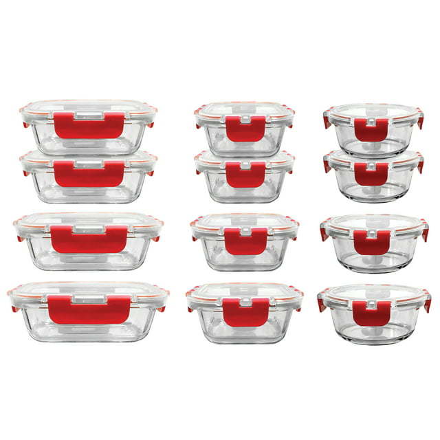 24-Piece Glass Food Storage Set with Locking Hinge Red Lids - Superior Quality