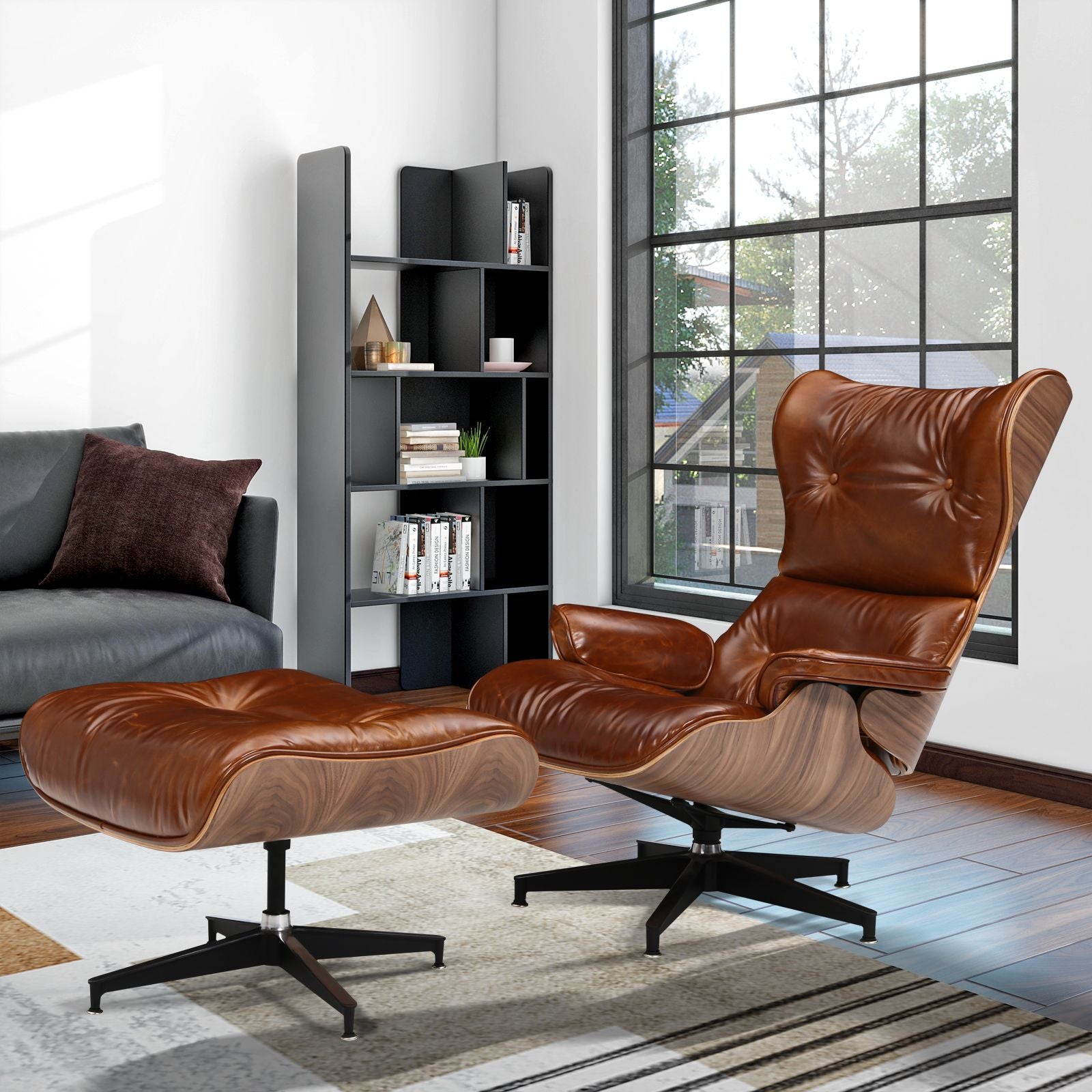 UPGRADE Mid century high back lounge chair with ottoman stool for Living Room Genuine Leather Club Chair