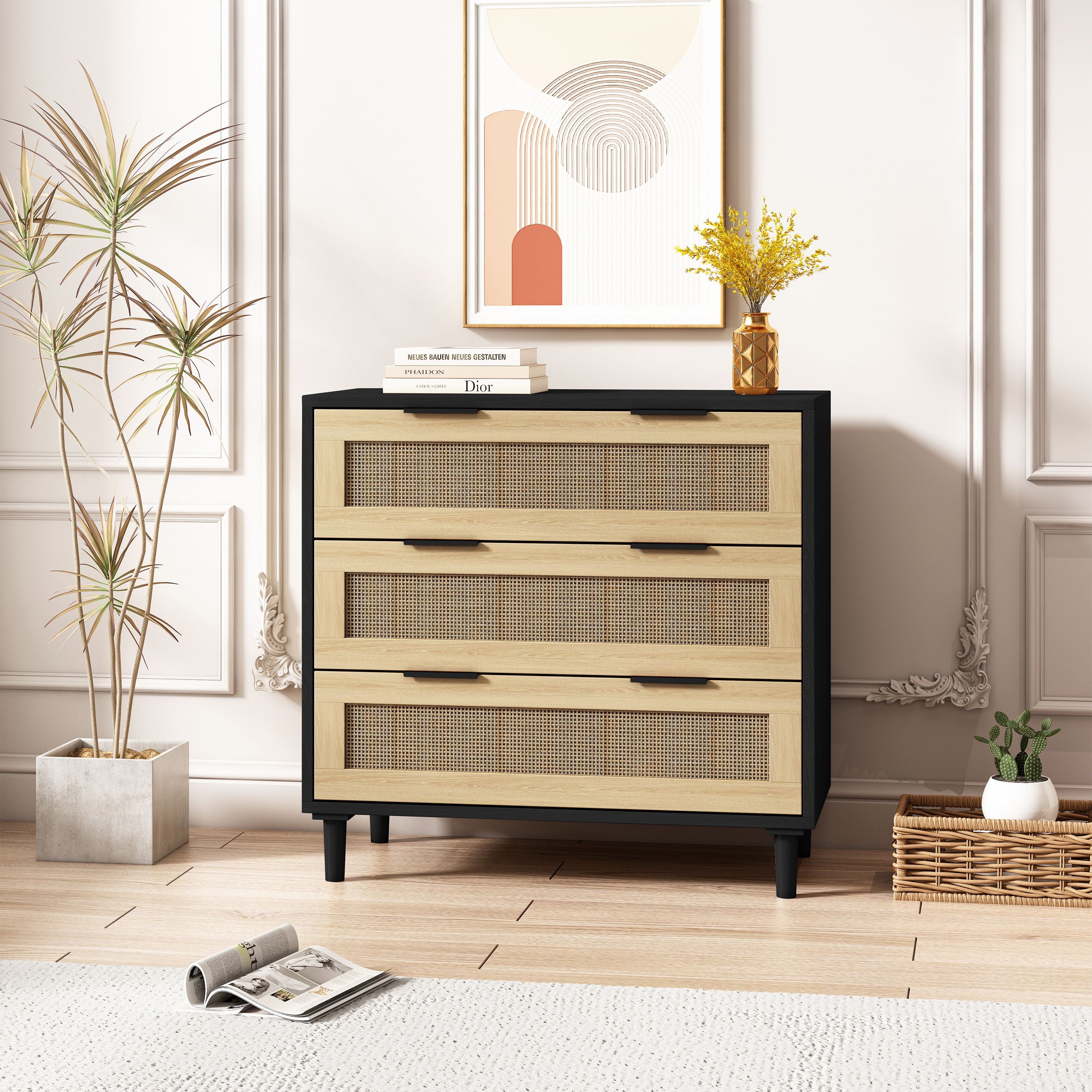 31.50"3-Drawers Rattan Storage Cabinet Rattan Drawer,for Bedroom,Living Room,Dining Room,Hallways