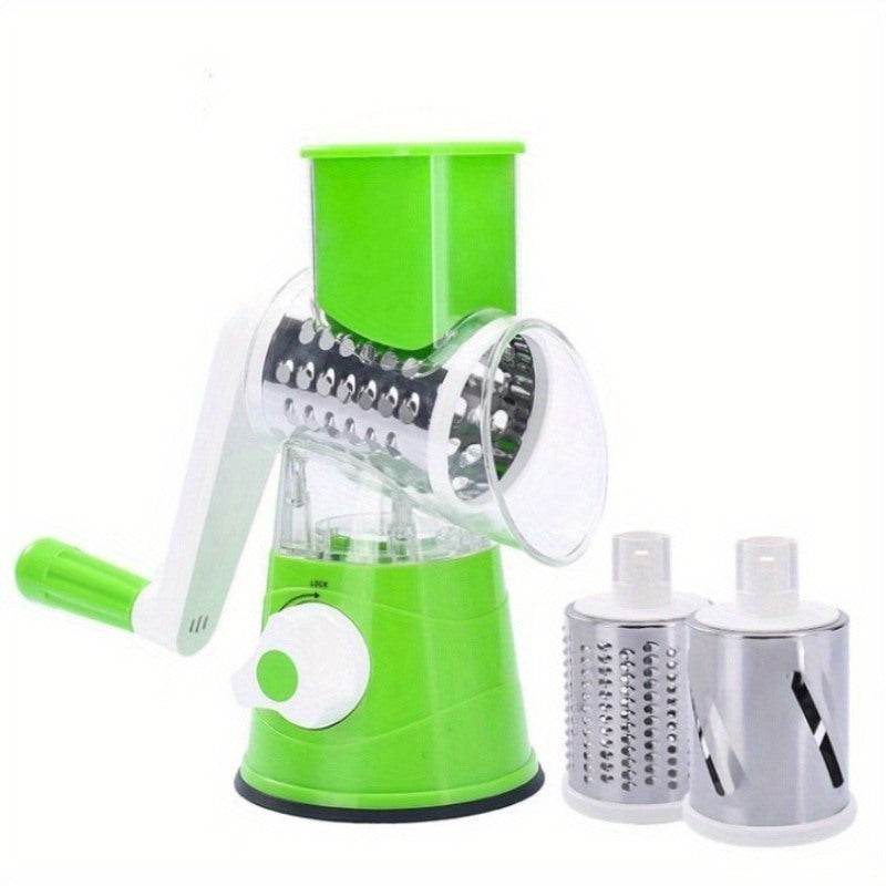 Vegetable Slicer, 3 in 1 Round Veggie Chopper Fruit Cutter Cheese Shredder Rotary Drum Grater with 3 Stainless Steel Blades,1 Julienne peeler and 1 Brush.