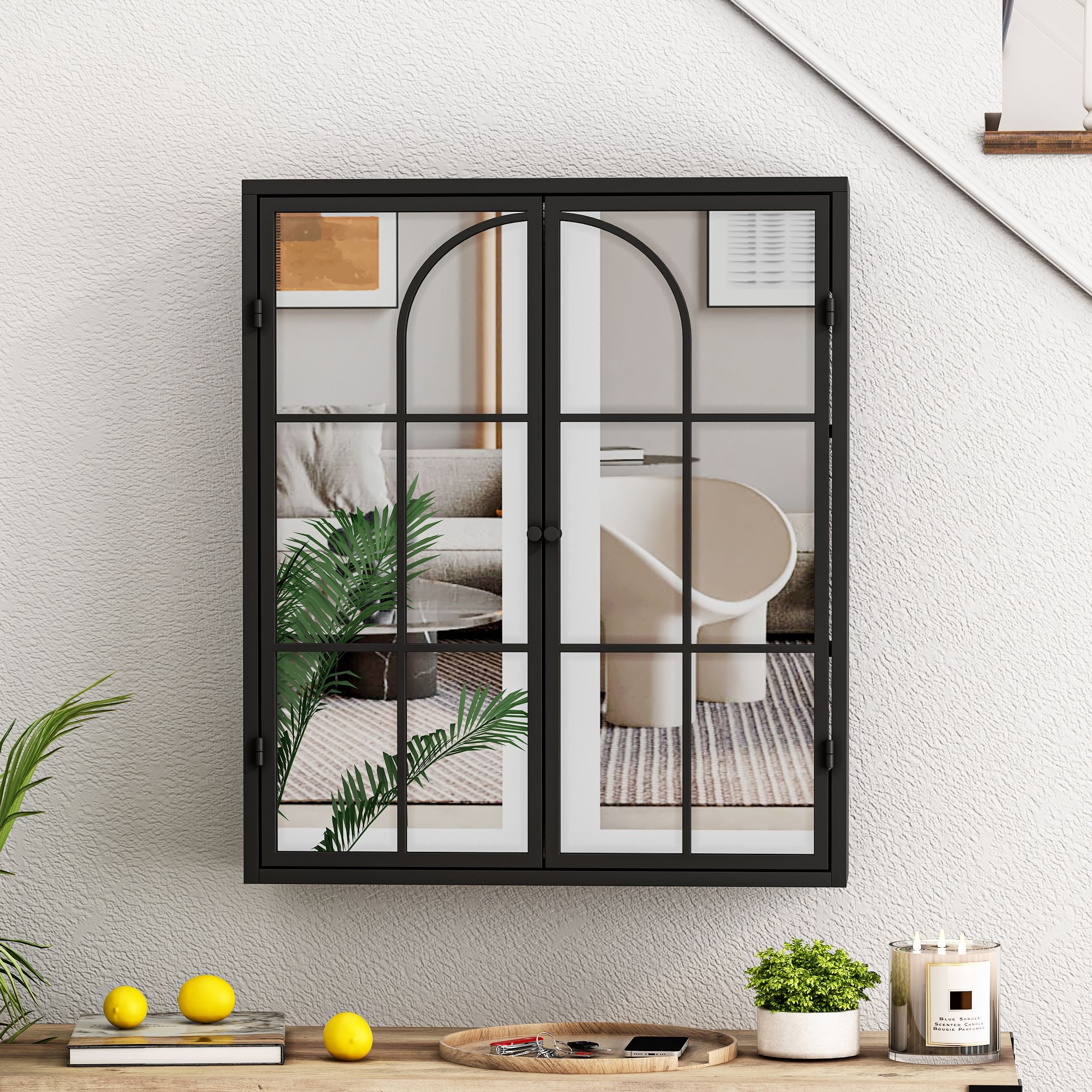 23.62 "Vintage Two Door Wall Cabinet with Mirror, Three-level Entrance Storage Space for Living Room, Bathroom, Dining Room