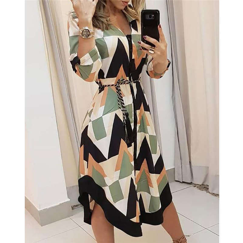 Women's Shirt Dress Spring Autumn Lady Cover Up Wave Print Long Sleeve V-Neck Casual Loose Holiday Midi Dress Sundress