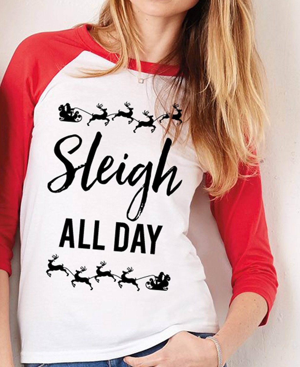 SLEIGH ALL DAY Christmas Red Baseball Tee