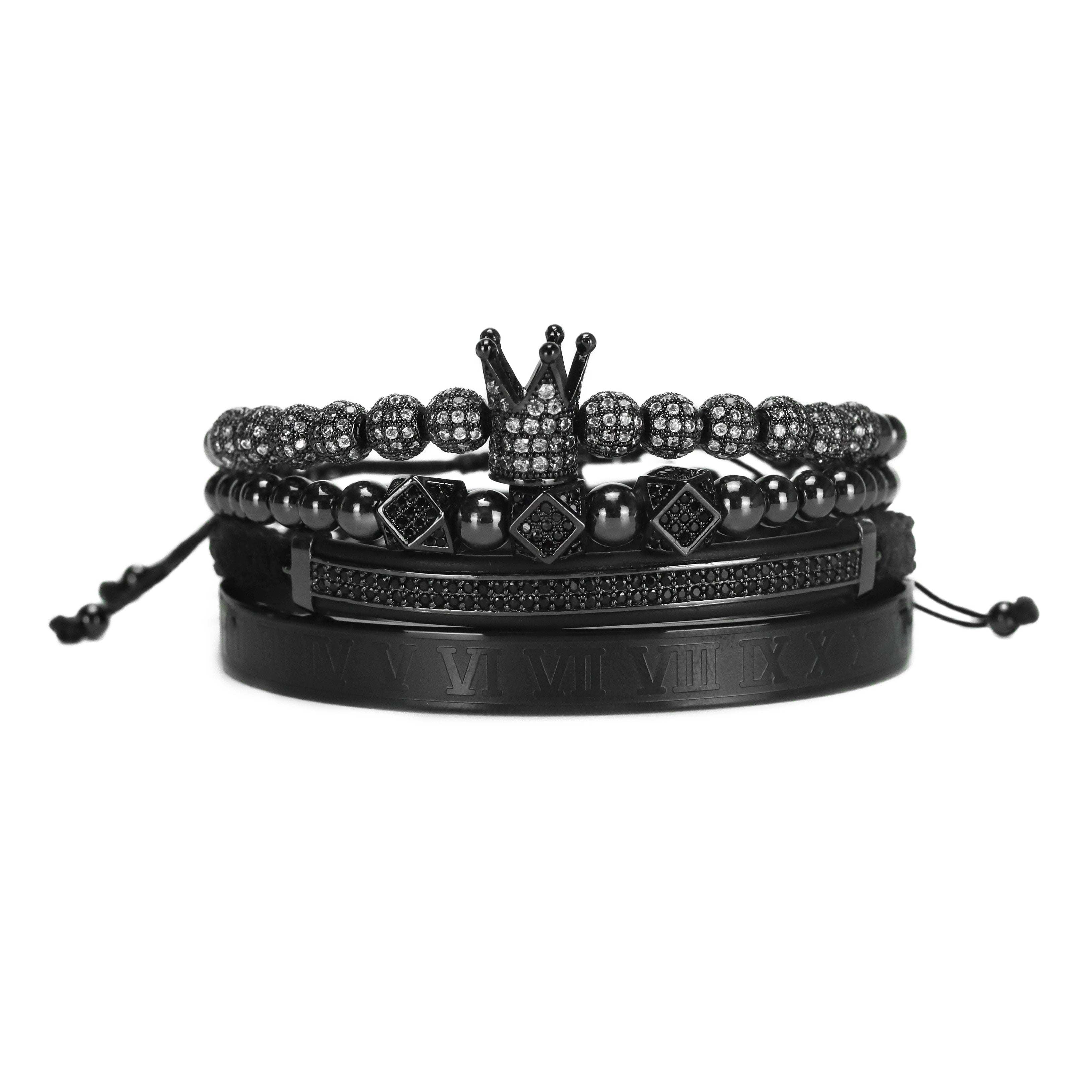 4pcs/set Stainless Steel Beads Royal King Crown Men Bracelet CZ Roman Bracelets Bangles Punk Jewelry