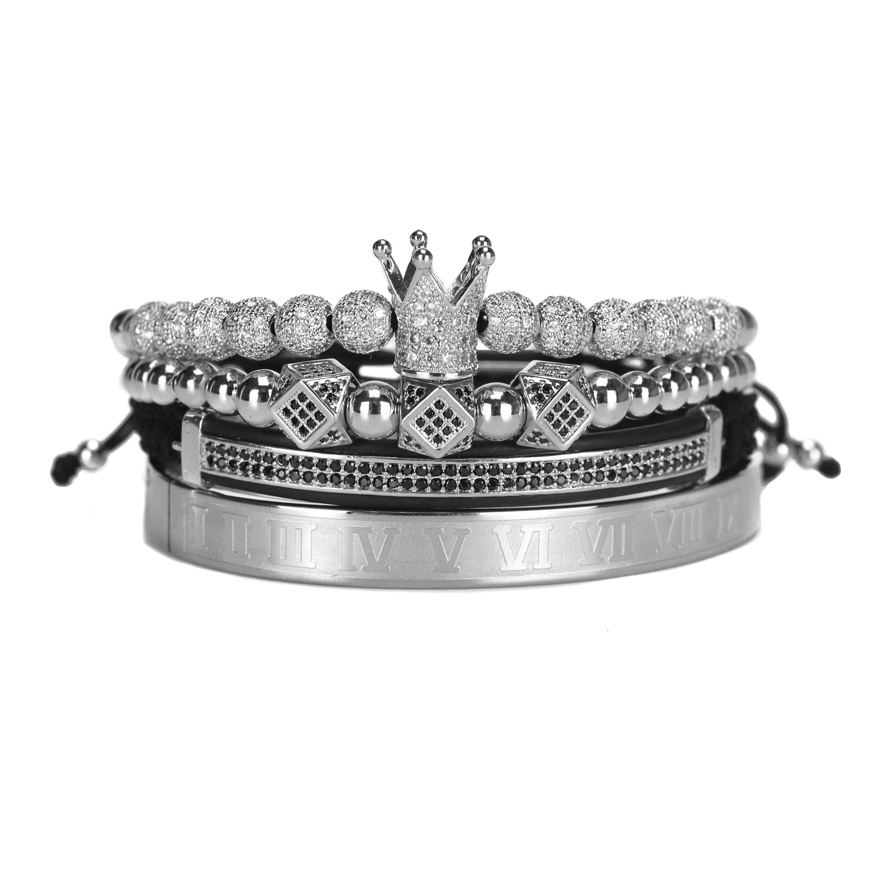 4pcs/set Stainless Steel Beads Royal King Crown Men Bracelet CZ Roman Bracelets Bangles Punk Jewelry