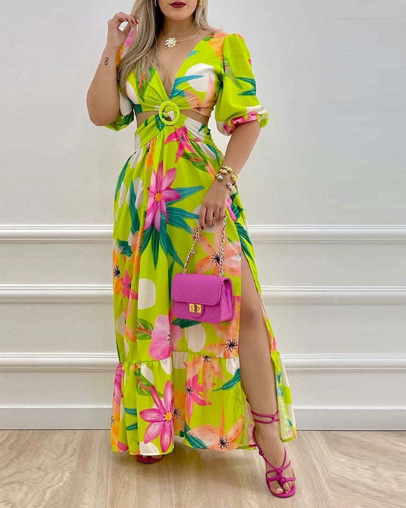 Spring Women Long Sleeved Cutout V-Neck Twist Summer Elegant Floral Thigh Maxi Dress