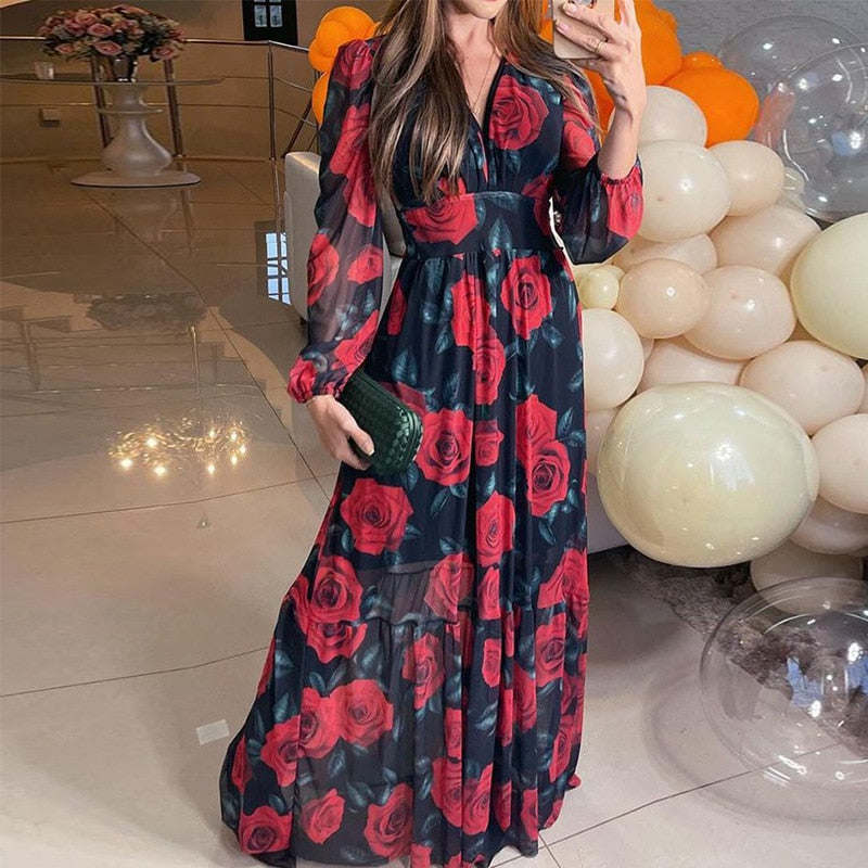 Spring Women Long Sleeved Cutout V-Neck Twist Summer Elegant Floral Thigh Maxi Dress