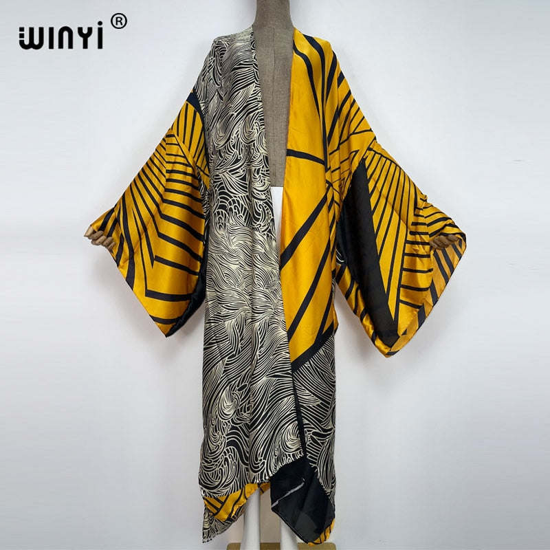 WINYI Summer holiday Beach Wear Cover up sweet lady boho Cardigan stitch colorful sexy Holiday long Sleeve Kimono kaftan