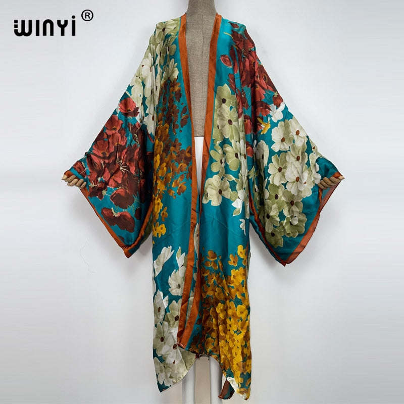 WINYI Summer holiday Beach Wear Cover up sweet lady boho Cardigan stitch colorful sexy Holiday long Sleeve Kimono kaftan