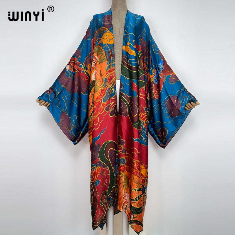 WINYI Summer holiday Beach Wear Cover up sweet lady boho Cardigan stitch colorful sexy Holiday long Sleeve Kimono kaftan