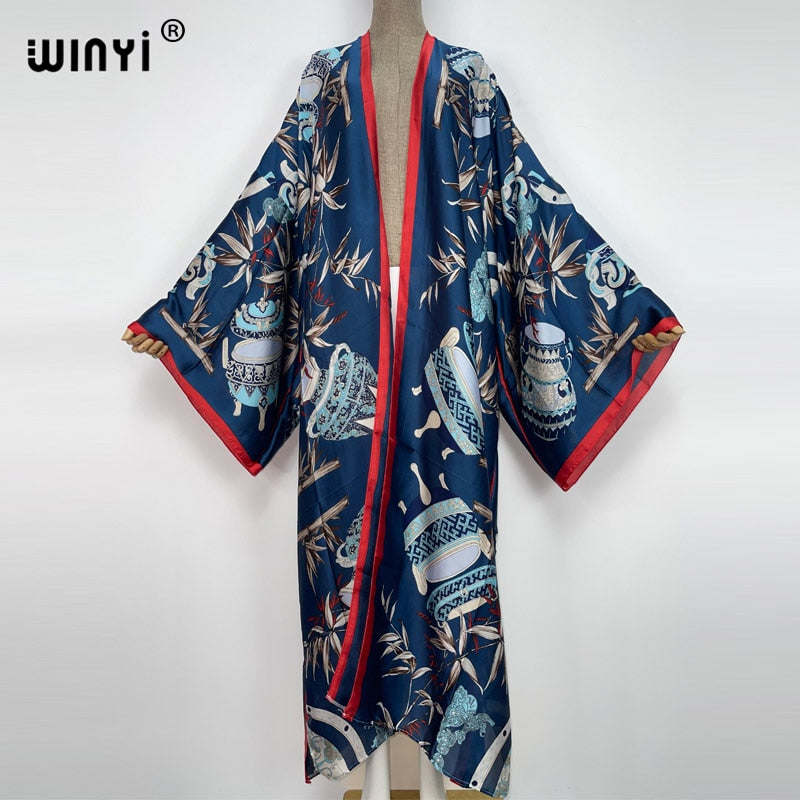 WINYI Summer holiday Beach Wear Cover up sweet lady boho Cardigan stitch colorful sexy Holiday long Sleeve Kimono kaftan