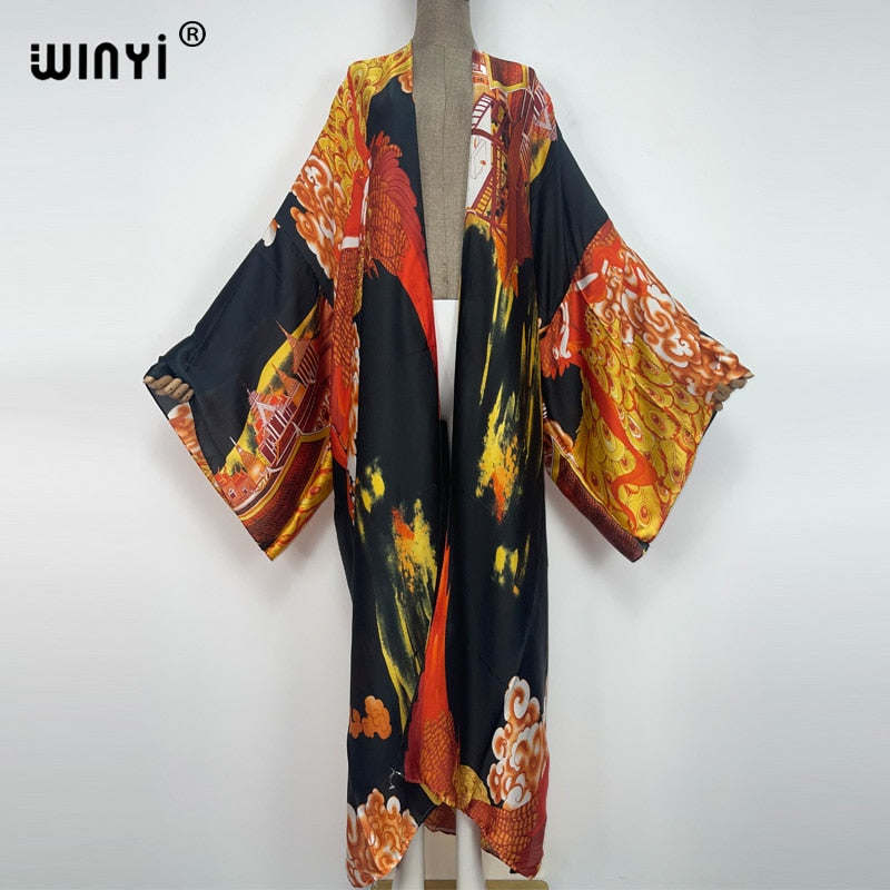 WINYI Summer holiday Beach Wear Cover up sweet lady boho Cardigan stitch colorful sexy Holiday long Sleeve Kimono kaftan