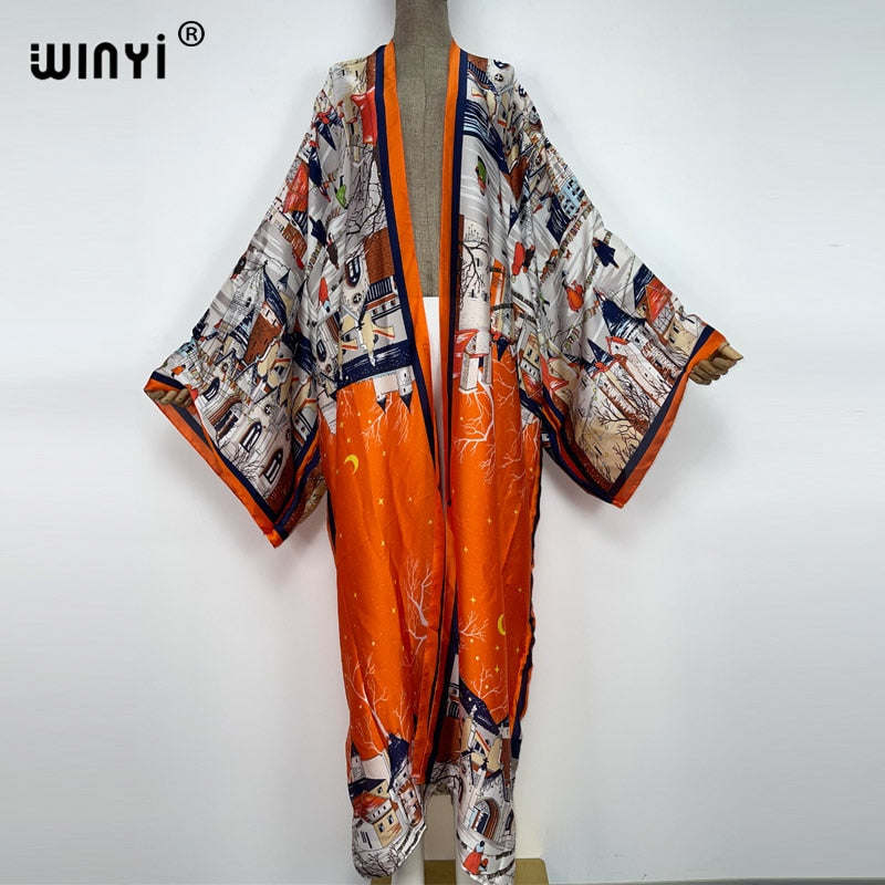 WINYI Summer holiday Beach Wear Cover up sweet lady boho Cardigan stitch colorful sexy Holiday long Sleeve Kimono kaftan