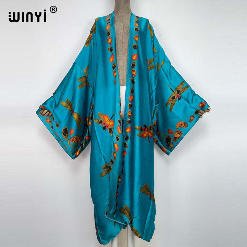 WINYI Summer holiday Beach Wear Cover up sweet lady boho Cardigan stitch colorful sexy Holiday long Sleeve Kimono kaftan