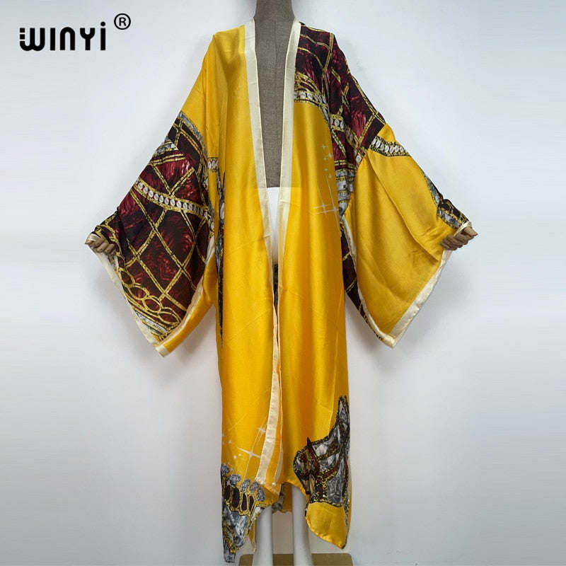 WINYI Summer holiday Beach Wear Cover up sweet lady boho Cardigan stitch colorful sexy Holiday long Sleeve Kimono kaftan