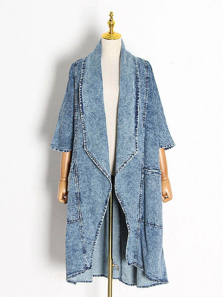 TWOTWINSTYLE Vintage Denim Women Windbreaker Lapel Collar Half Sleeve High Waist Trench Coats Female Fashion Clothing 2020 Tide