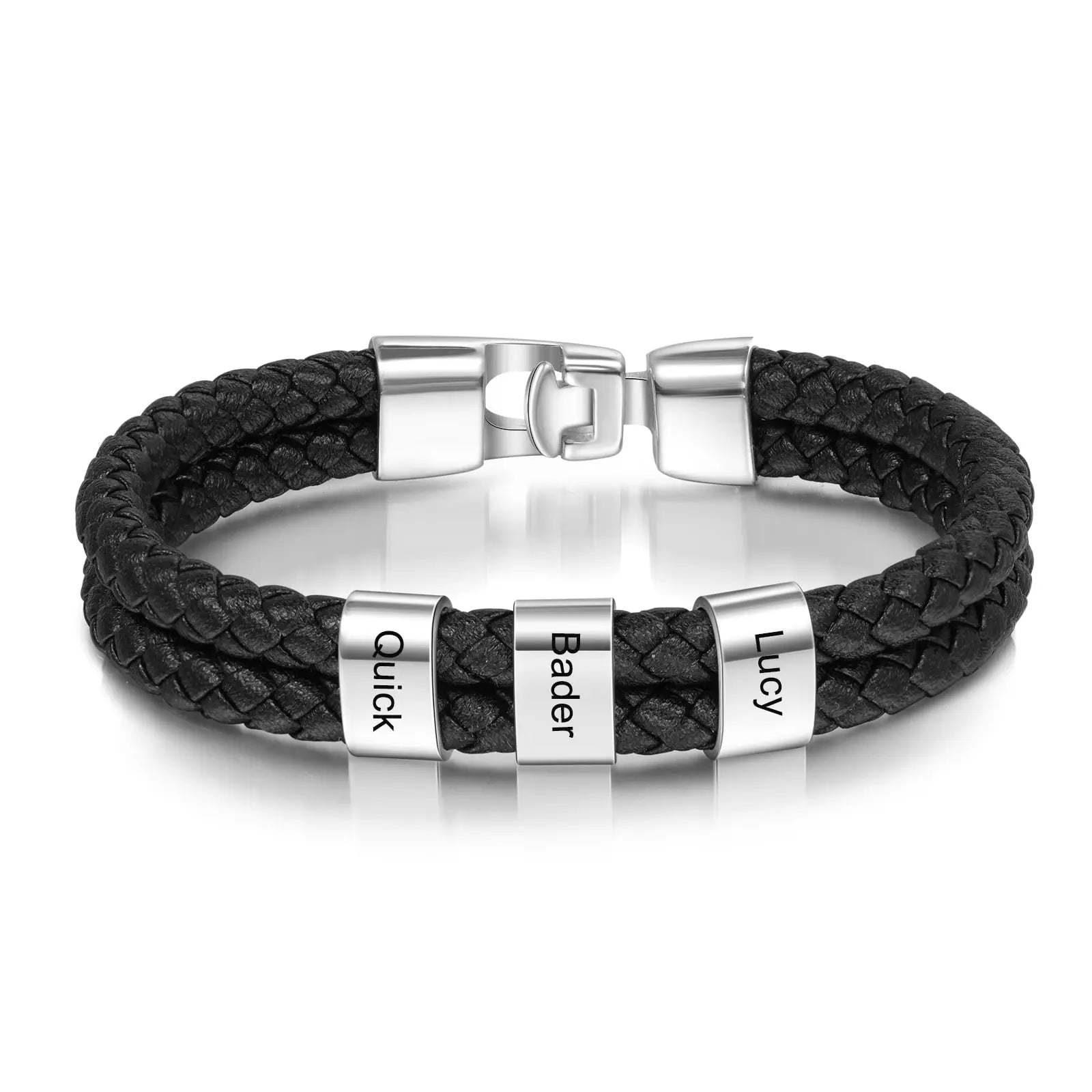 JewelOra Personalized Engraved Family Name Beads Bracelets Black Braided Leather Stainless Steel Bracelets for Men Fathers