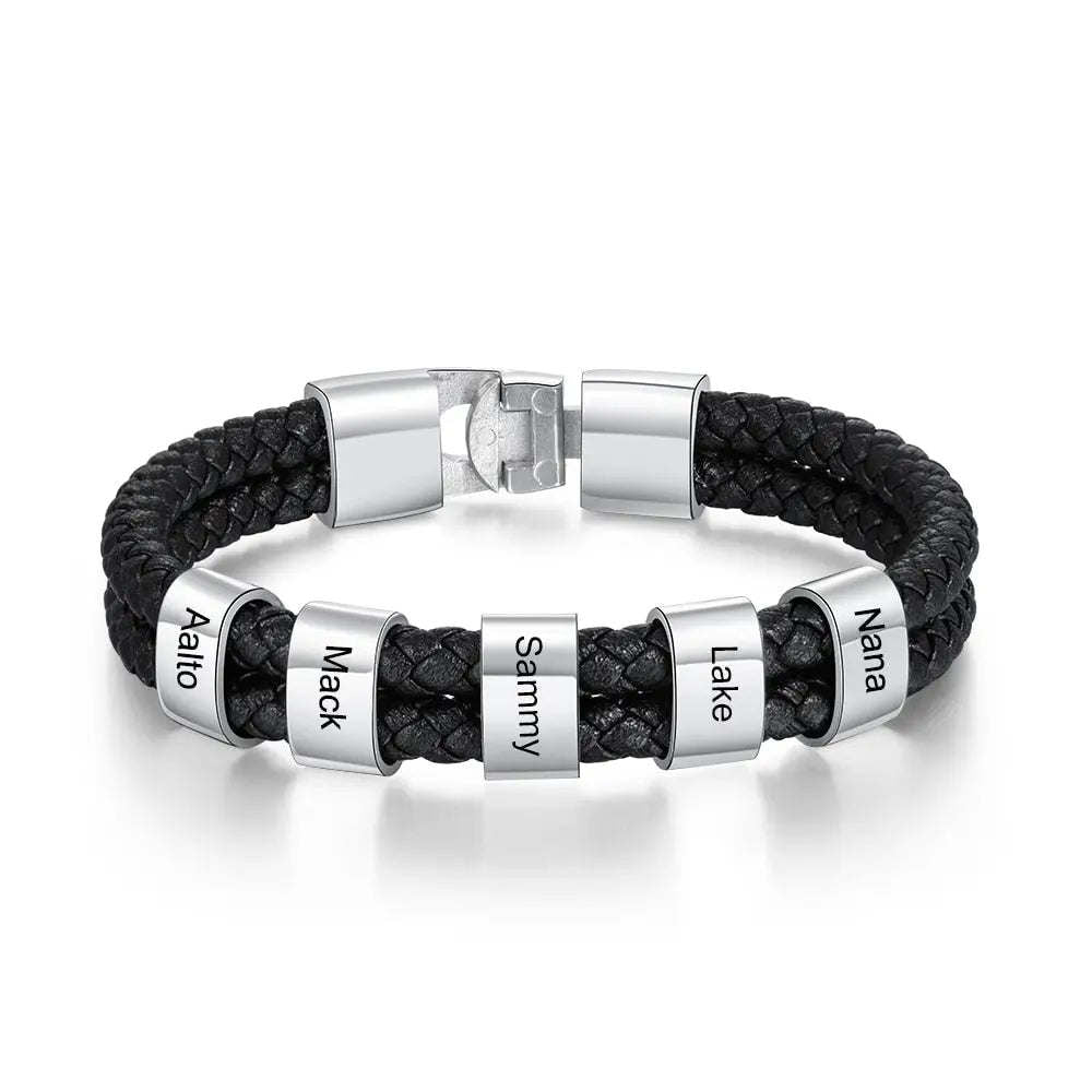 JewelOra Personalized Engraved Family Name Beads Bracelets Black Braided Leather Stainless Steel Bracelets for Men Fathers