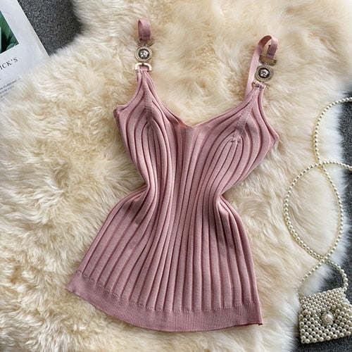 V-neck Halter Sweet Camisole Top 2021 Summer Women Sexy off-Shoulder Solid Color Sleeveless Camis Women&#39;s Clothing Tanks Tops