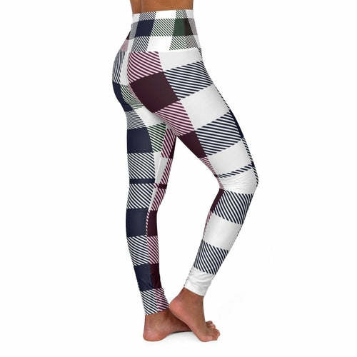 High Waisted Yoga Pants, Blue Burgundy Green And Black Plaid Style