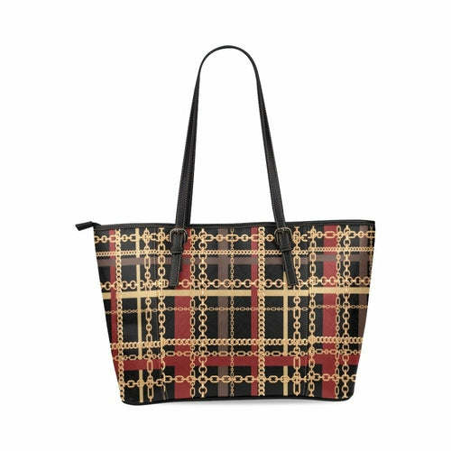 Shoulder Bag - Black Red & Gold Chain Link Style Leather Tote Bag