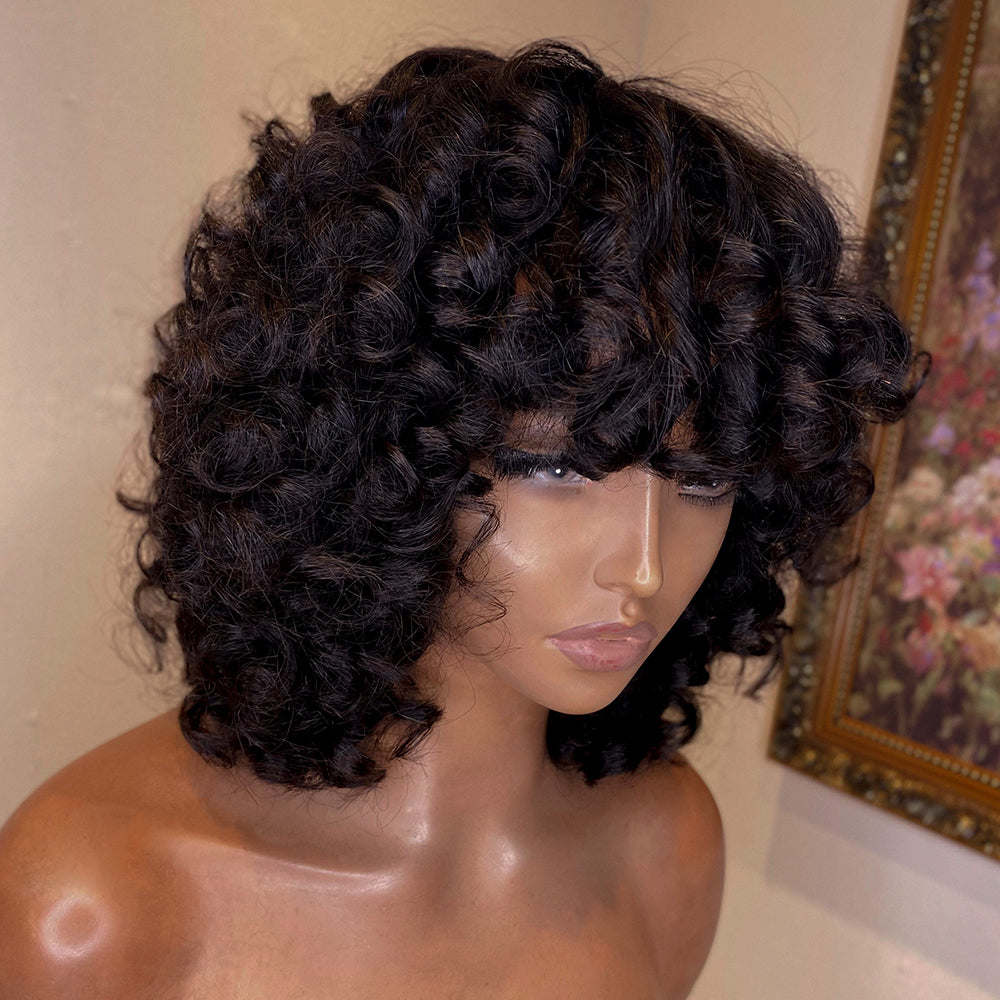 Rose Curly Fumi Human Hair Wig With Bangs Full Machine Made Deep Wave