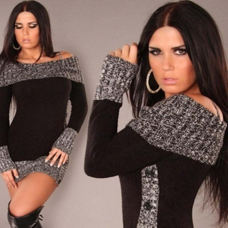 Women's Sweater Slash Neck Long Pullover Winter Solid Basic Knitted Sweaters