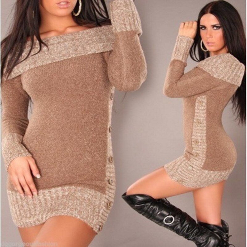 Women's Sweater Slash Neck Long Pullover Winter Solid Basic Knitted Sweaters