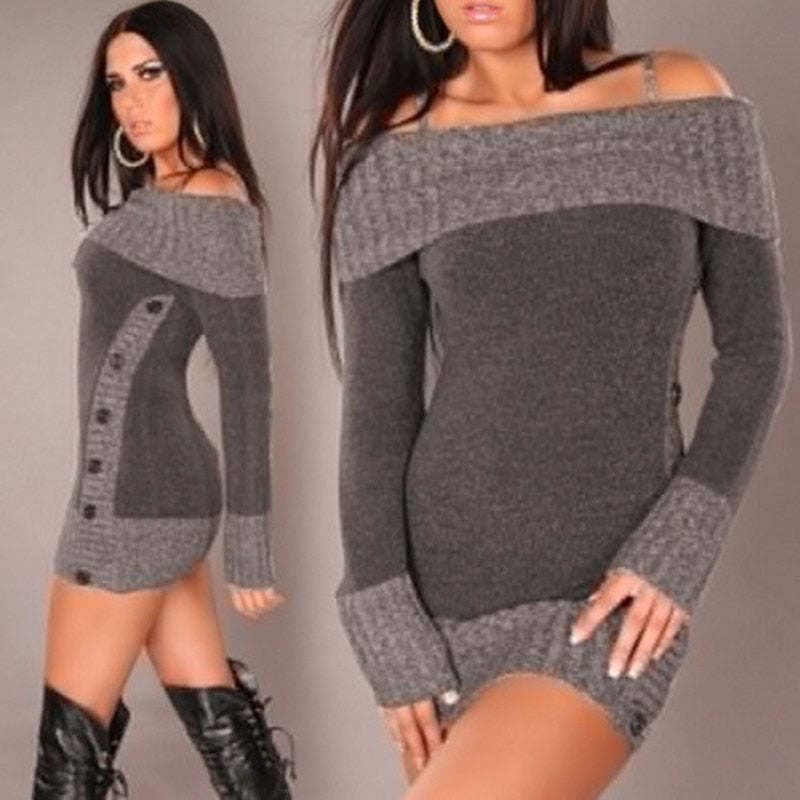 Women's Sweater Slash Neck Long Pullover Winter Solid Basic Knitted Sweaters