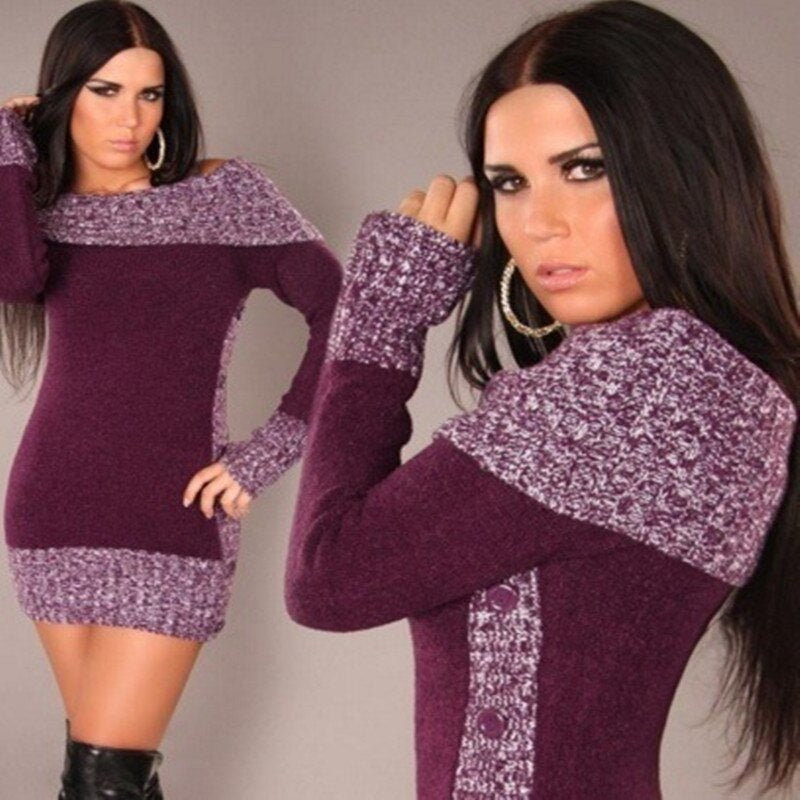 Women's Sweater Slash Neck Long Pullover Winter Solid Basic Knitted Sweaters