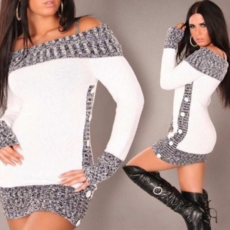Women's Sweater Slash Neck Long Pullover Winter Solid Basic Knitted Sweaters
