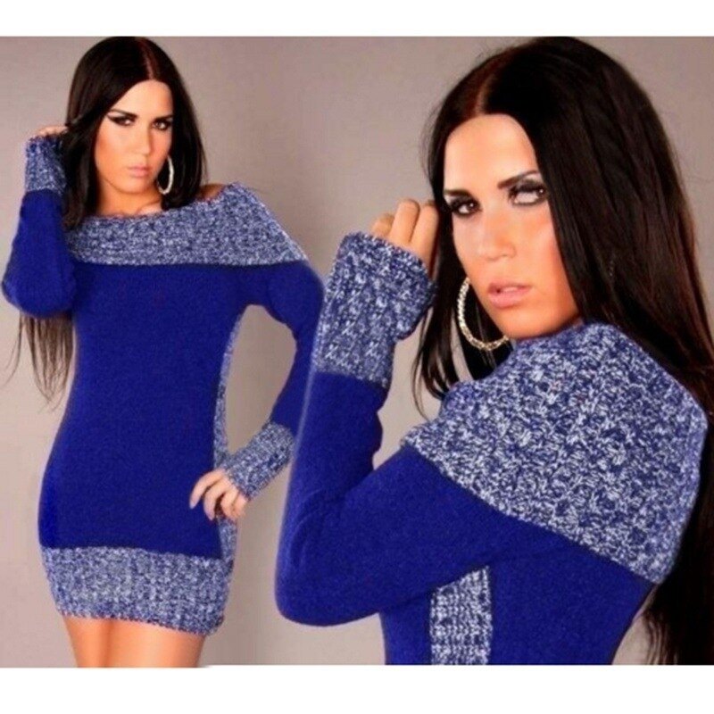 Women's Sweater Slash Neck Long Pullover Winter Solid Basic Knitted Sweaters