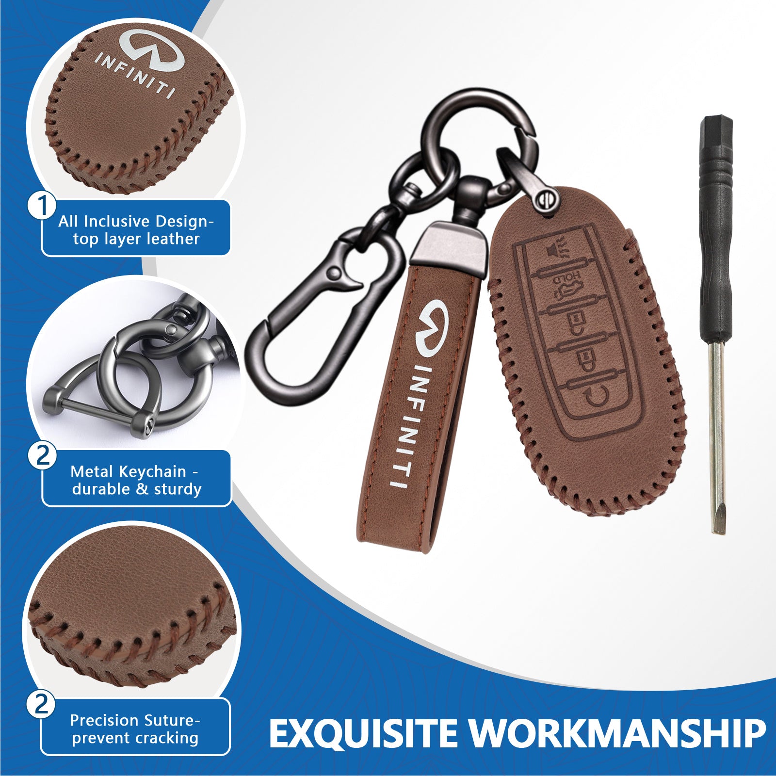 Leather Key Fob Case Cover for Infiniti with Key Chain, Key Holder Replacement Keychain for Infinity EX25 FX35 FX37 X50 G25 G35 G37 Q40 Q50 Q60 Q70 QX