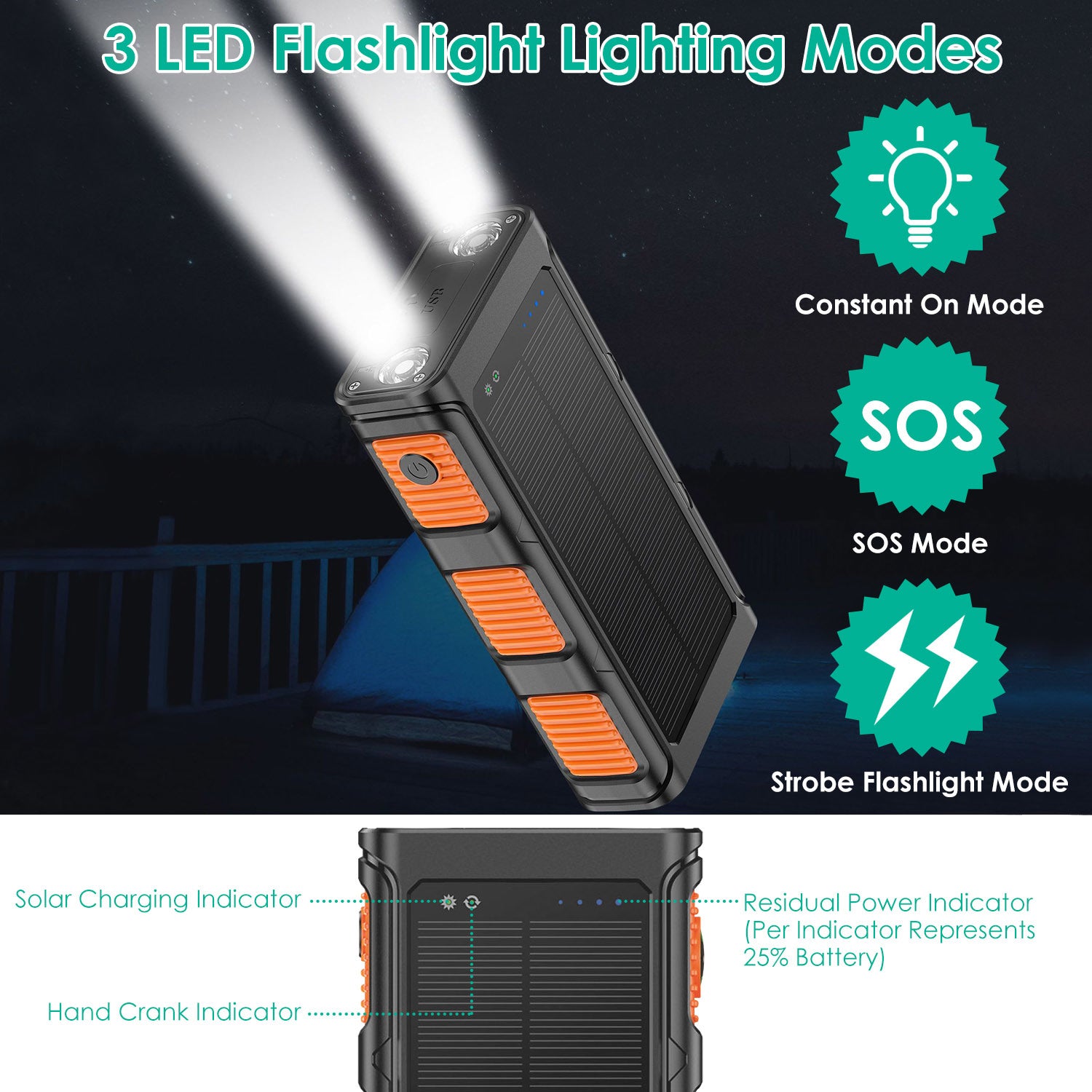 1Pc 50000mAh Solar Power Bank Portable Fast Charger with Compass LED Flashlight 3 Cable Dual Output Hand Crank Emergency Power Bank Outdoor Camping