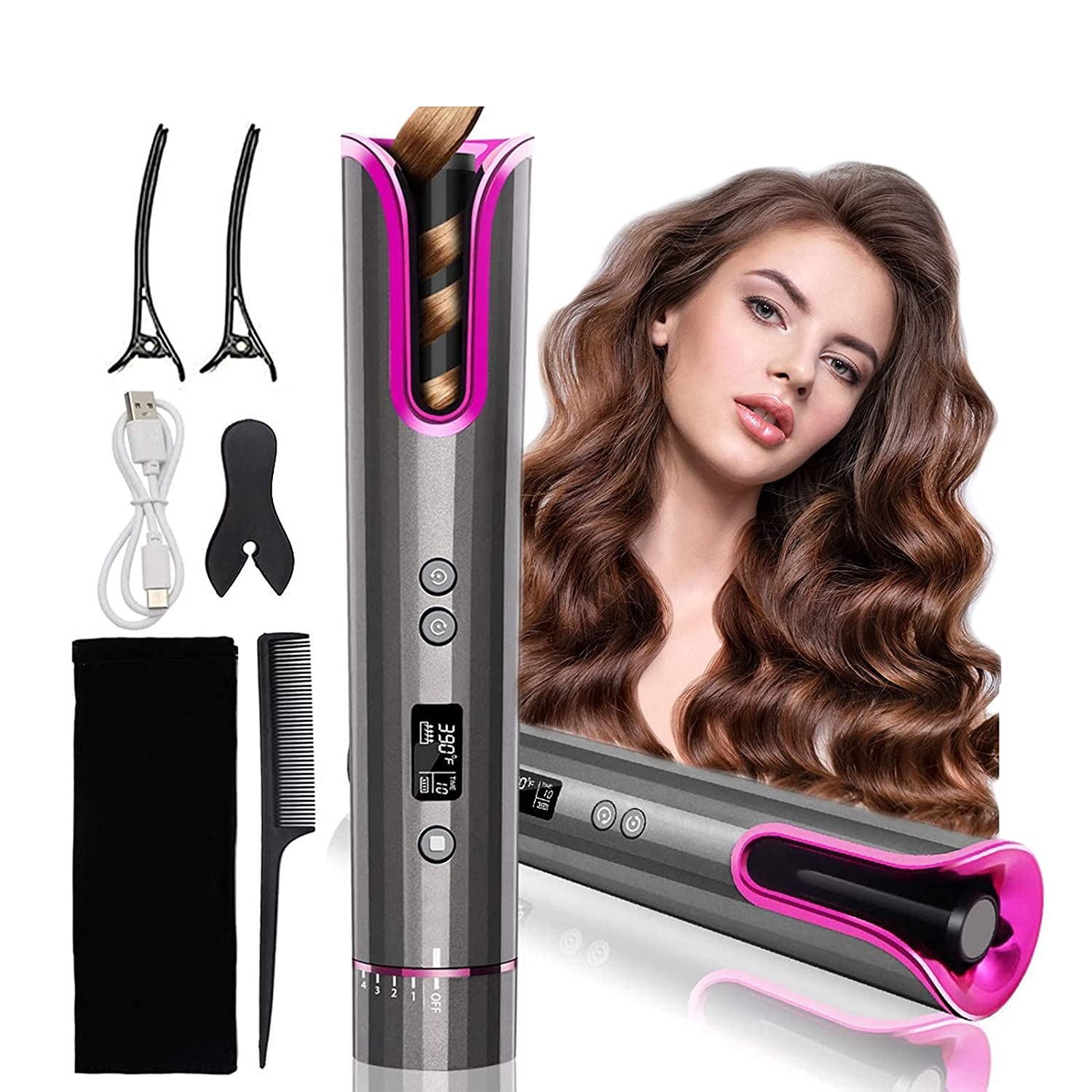 Portable Cordless Automatic Hair Curler Iron with 4 Adjustable Temperature LCD Display Full Anti-Scalding