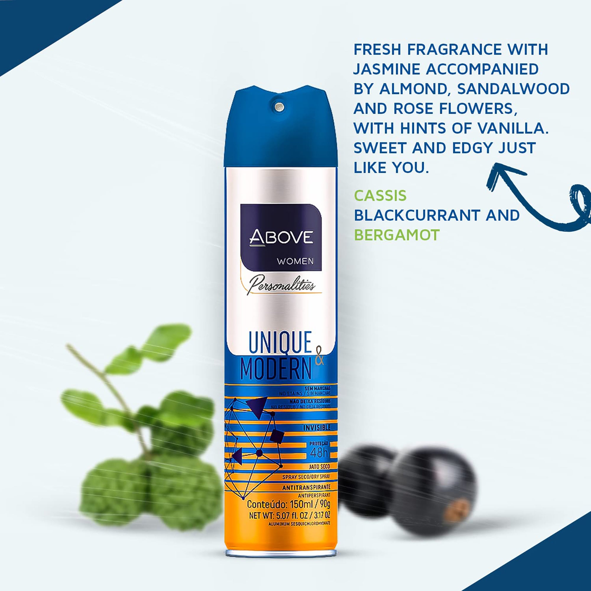 ABOVE Unique and Modern - 48 Hours Personalities Antiperspirant Deodorant - Dry Spray for Women - Notes of Jasmine and Sandalwood - Protects Against S