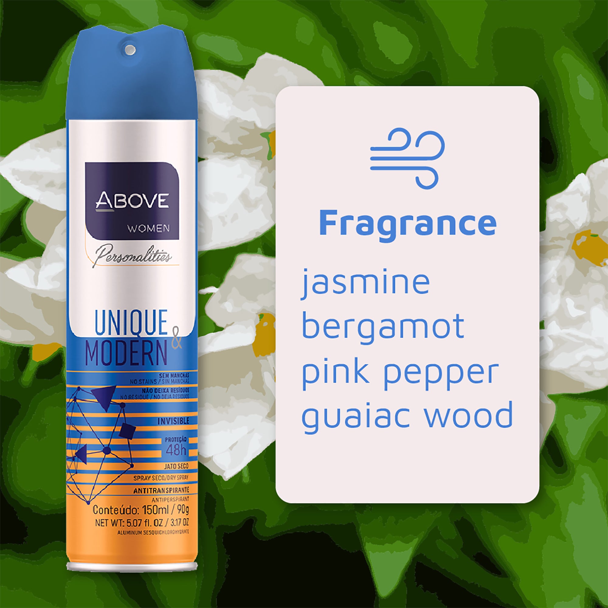 ABOVE Unique and Modern - 48 Hours Personalities Antiperspirant Deodorant - Dry Spray for Women - Notes of Jasmine and Sandalwood - Protects Against S
