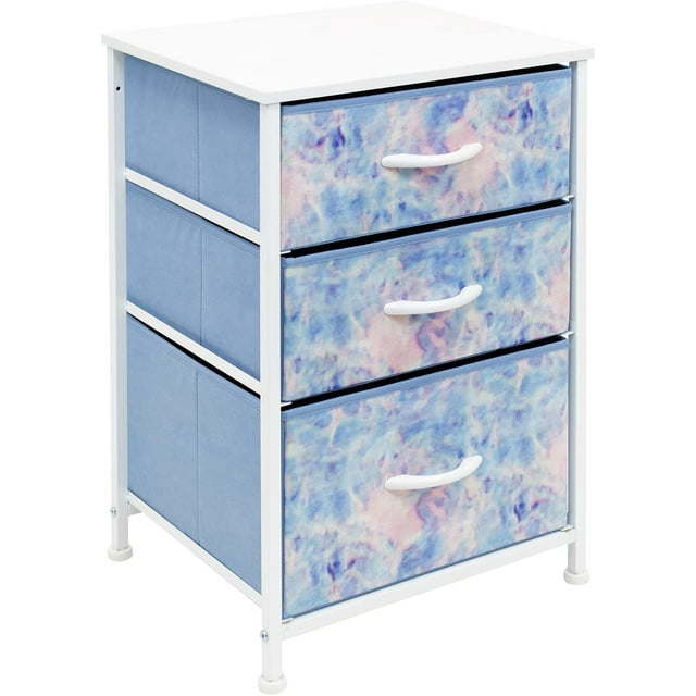 Nightstand Storage Organizer with 3 Drawers - Storage Chest for Clothes, Closet Organization - Steel Frame, Wood Top, Fabric Bin (Pastel Tie-dye Blue/Pink)